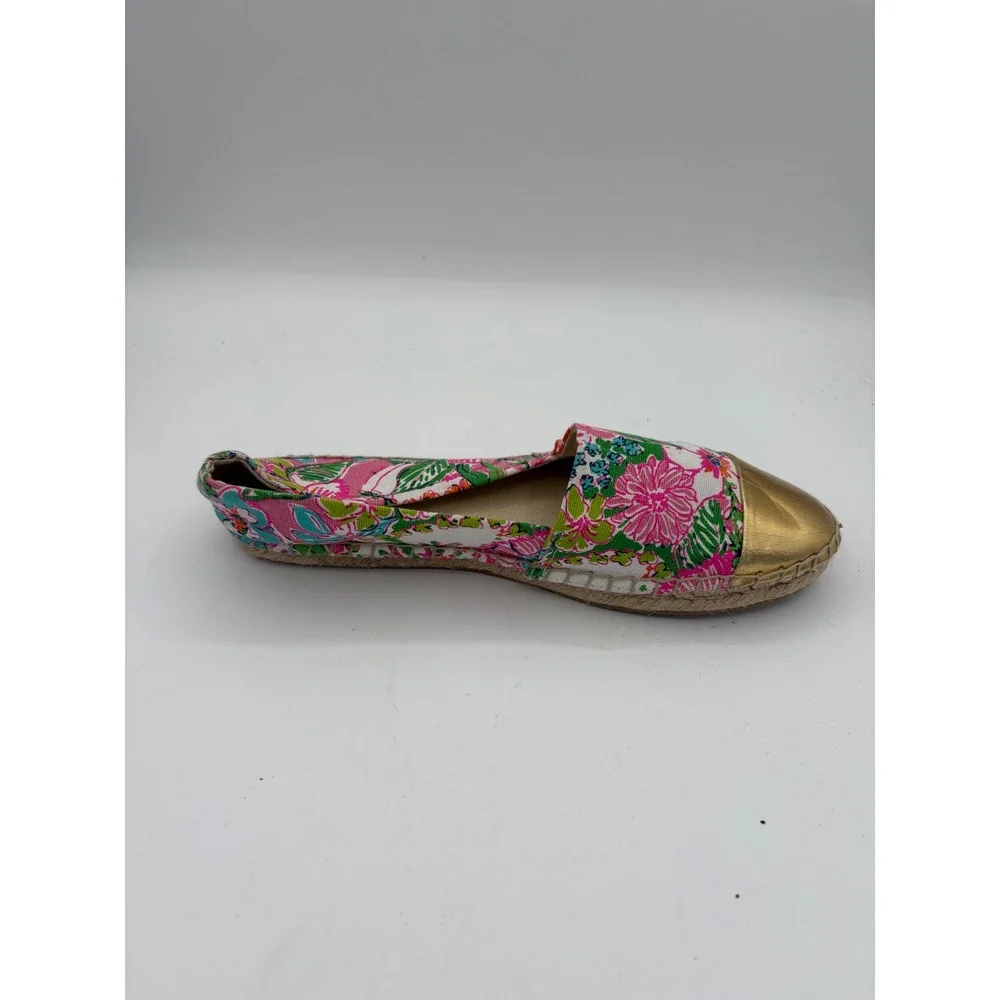 Lilly Pulitzer Target Floral Espadrille Flats Pink Green Gold Cap Toe Women 10.5